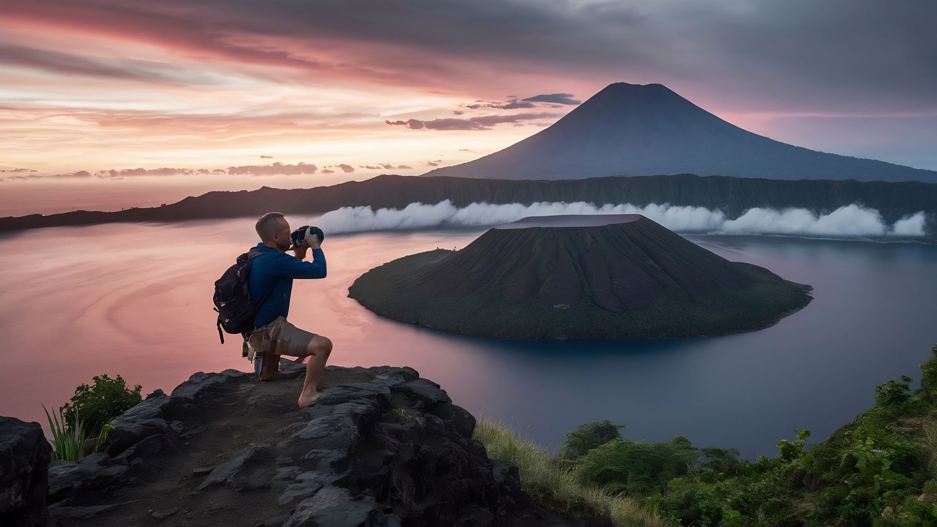 Island with lush green vegetation surrounded by turquoise ocean, clear skies.
