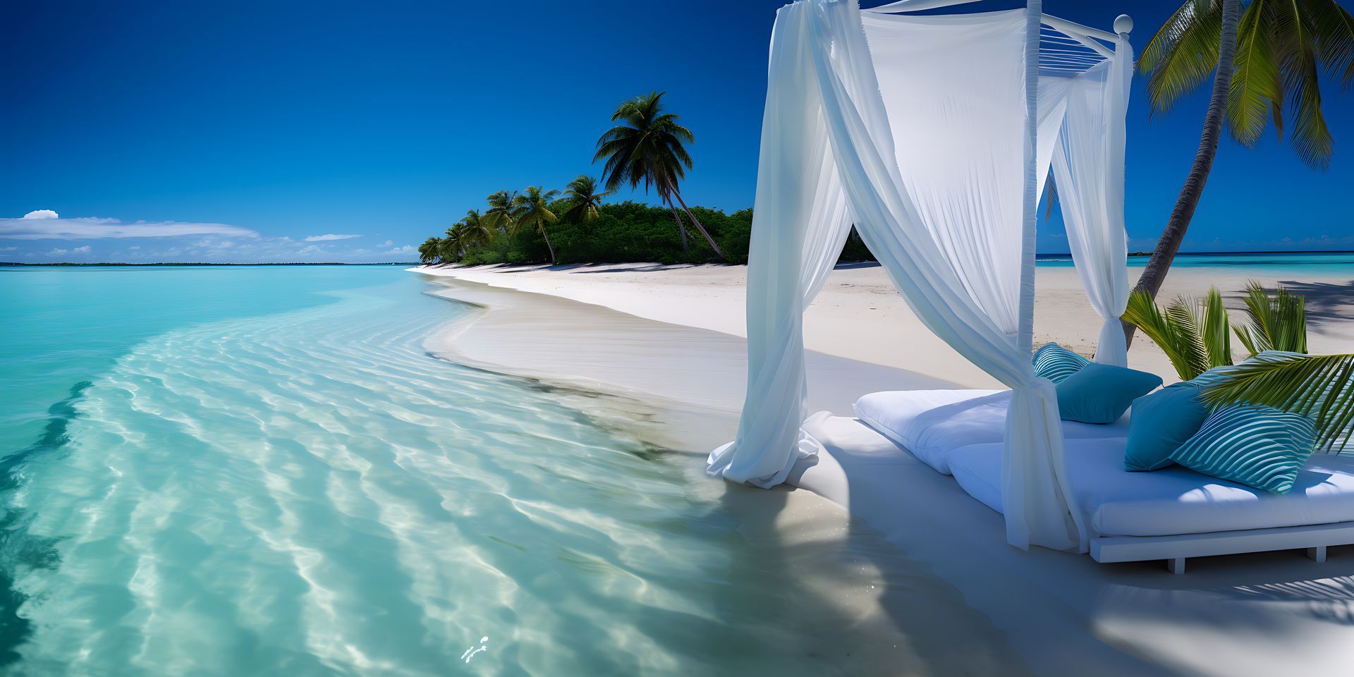 Aerial view of Mauritius island, turquoise water, white sand, lush green vegetation, and blue sky.