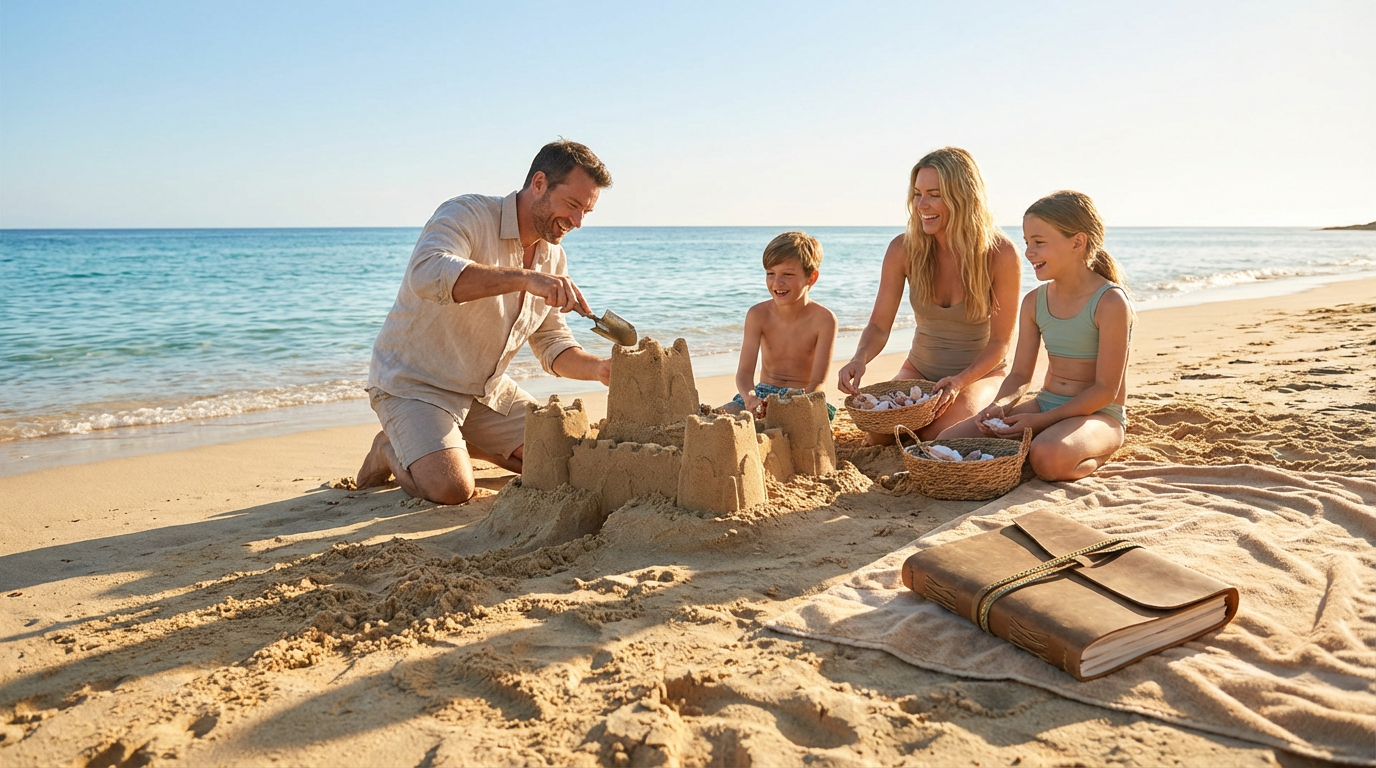 A family builds a sandcastle together on a sunny beach near the ocean.