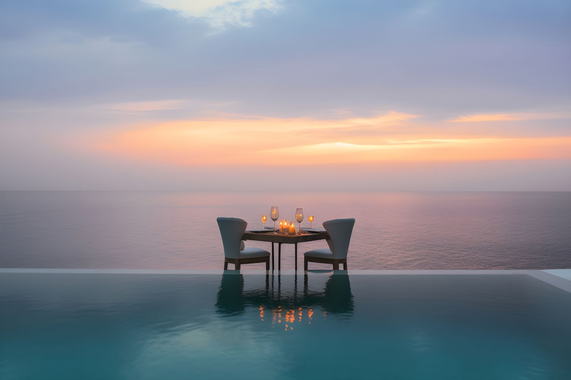 Romantic dinner table set for two by infinity pool, ocean sunset backdrop.