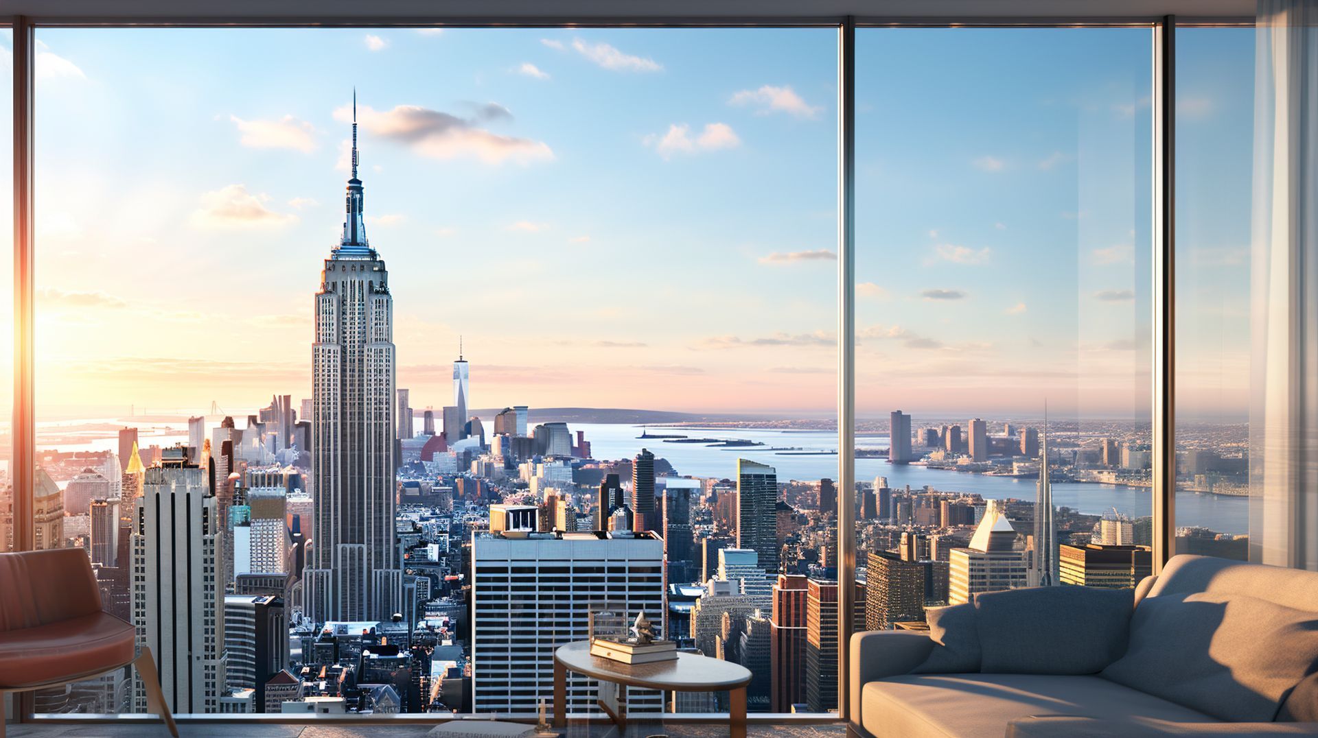 View of New York City skyline, including the Empire State Building, from a large window at sunset.