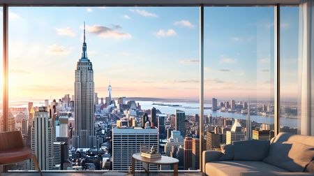View of New York City skyline, including the Empire State Building, from a large window at sunset.