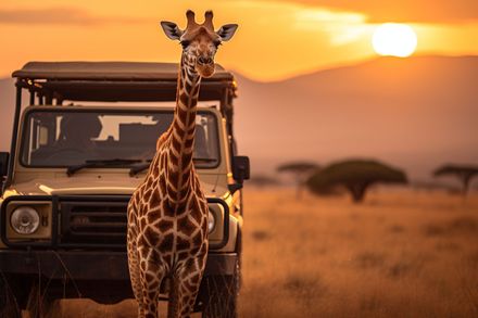 Giraffe standing beside a safari jeep at sunset on an African savanna