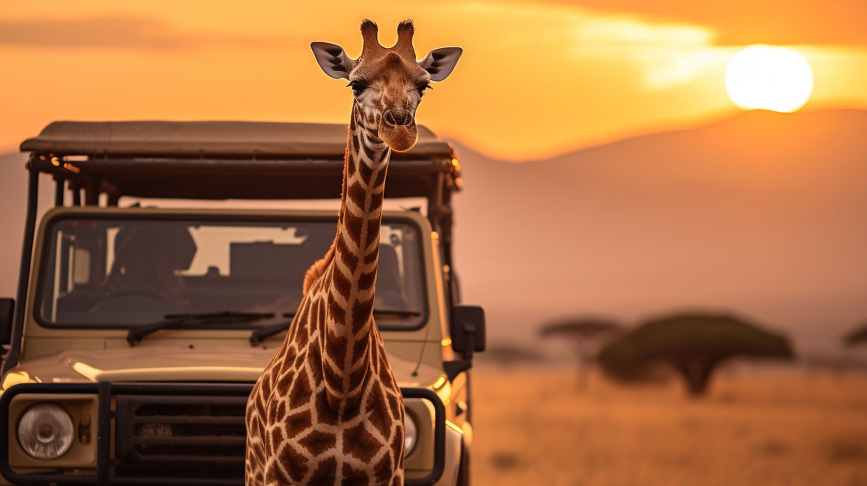 Giraffe with safari vehicle against a sunset in African savanna.