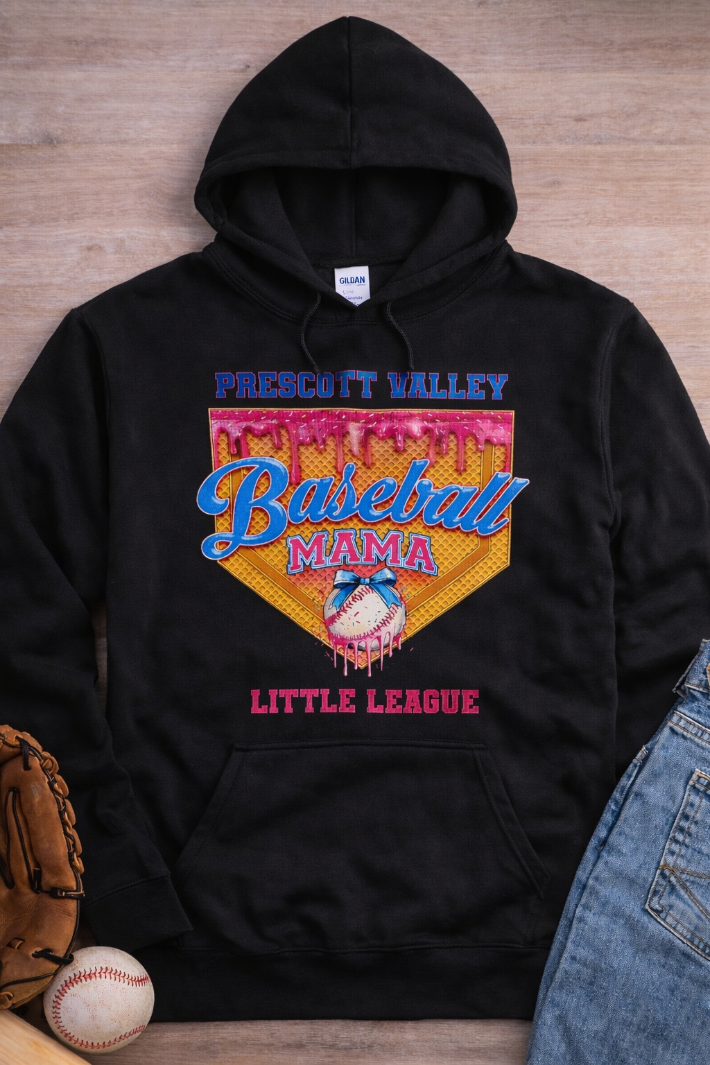 Black hoodie with a baseball-themed graphic: 