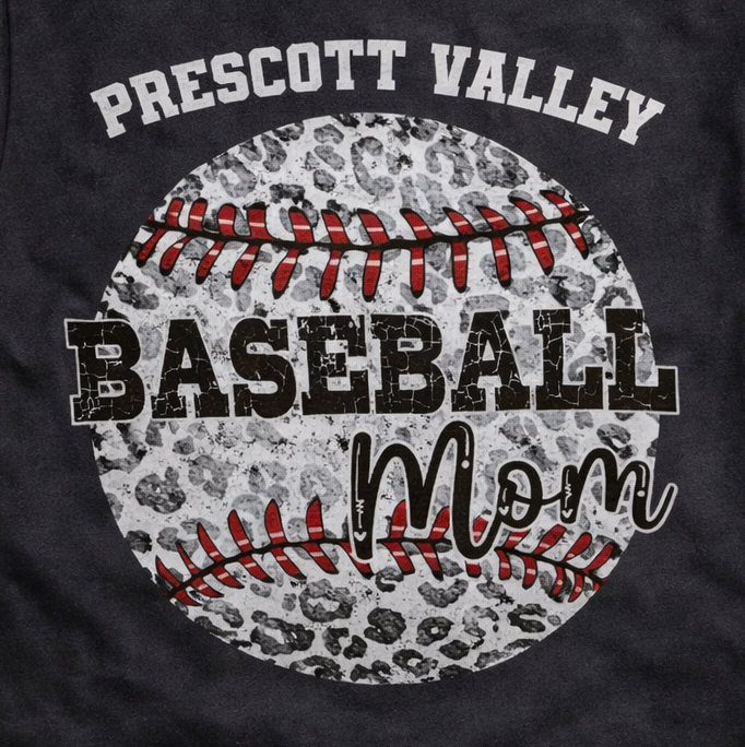 Prescott Valley baseball mom shirt with leopard print baseball.