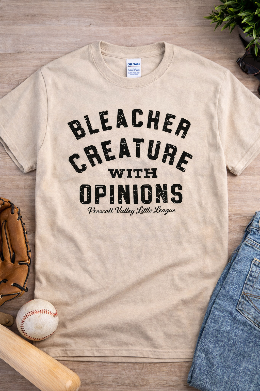 Tan t-shirt with text 