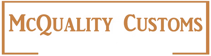 McQuality Customs logo in brown within a brown rectangular border.