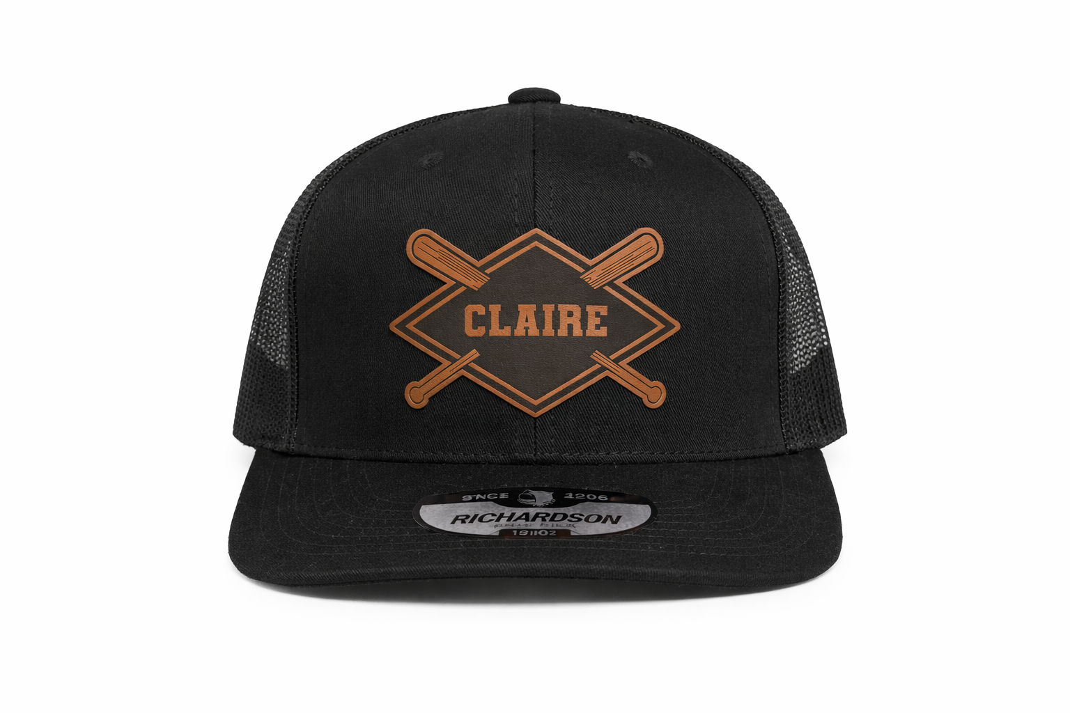Black baseball cap with brown diamond-shaped patch featuring crossed bats and the name 