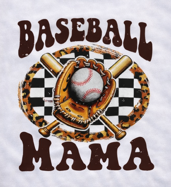 Baseball Mama design with crossed bats, baseball, and glove, on a leopard print checkered background.