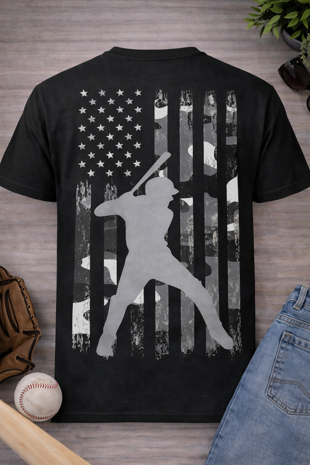 Black t-shirt with American flag design and baseball player silhouette.