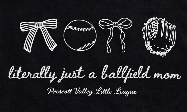 White graphic on black background: bows, baseball, glove, text 