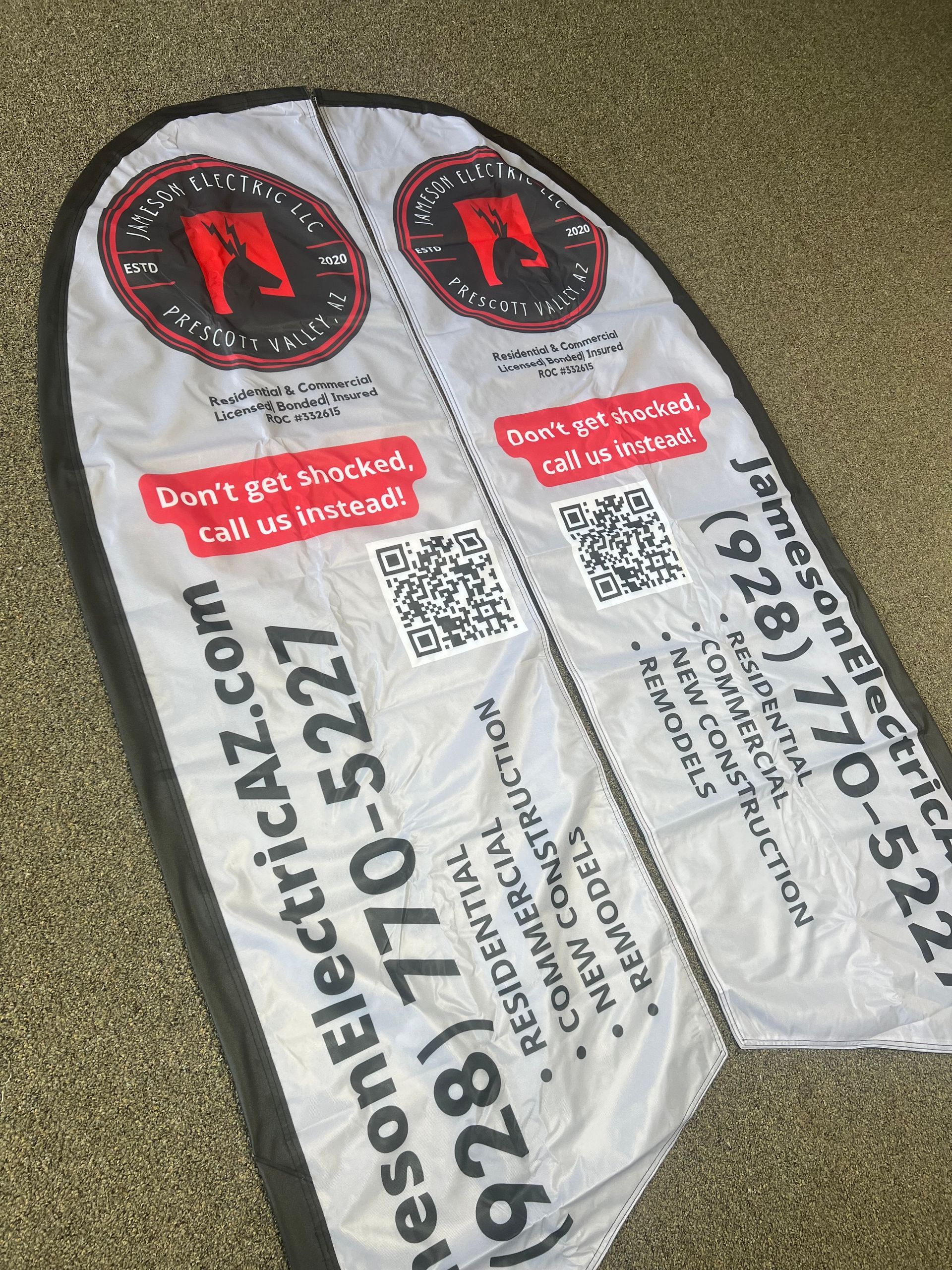 A teardrop banner with Jameson Electric's logo and contact info. White background, gray edges, red and black text.