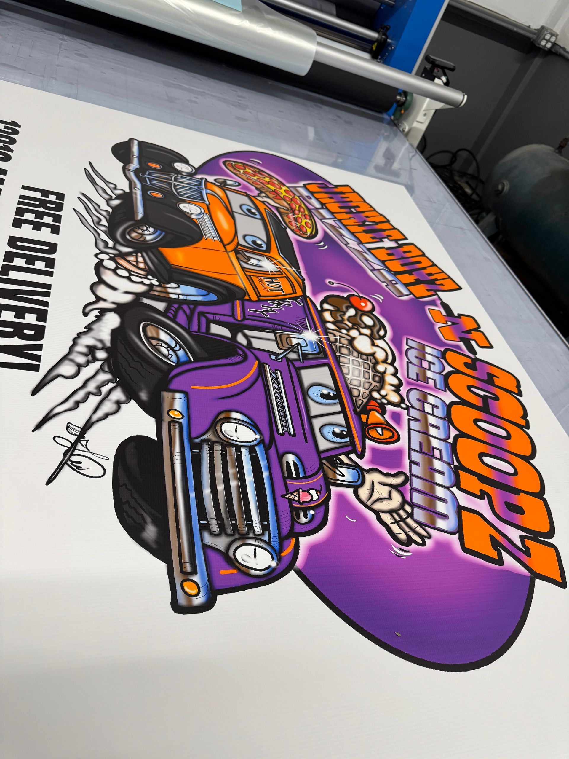 Printed colorful advertisement with a cartoon car, 