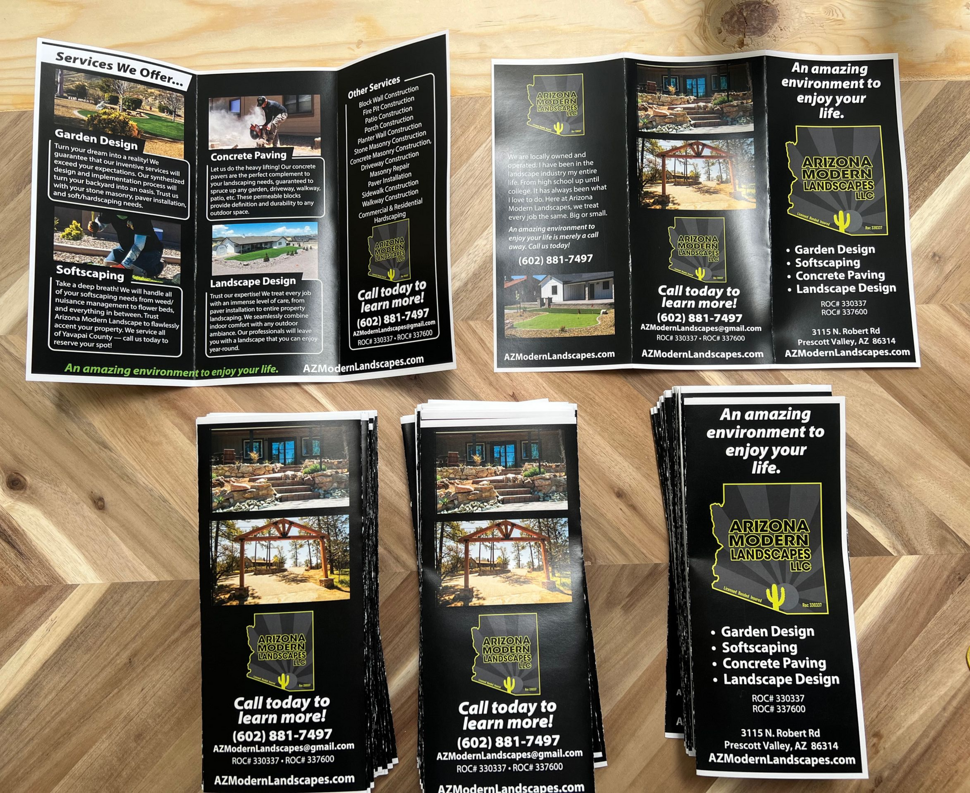 Tri-fold brochures advertising outdoor living services, black and white, Arizona company.