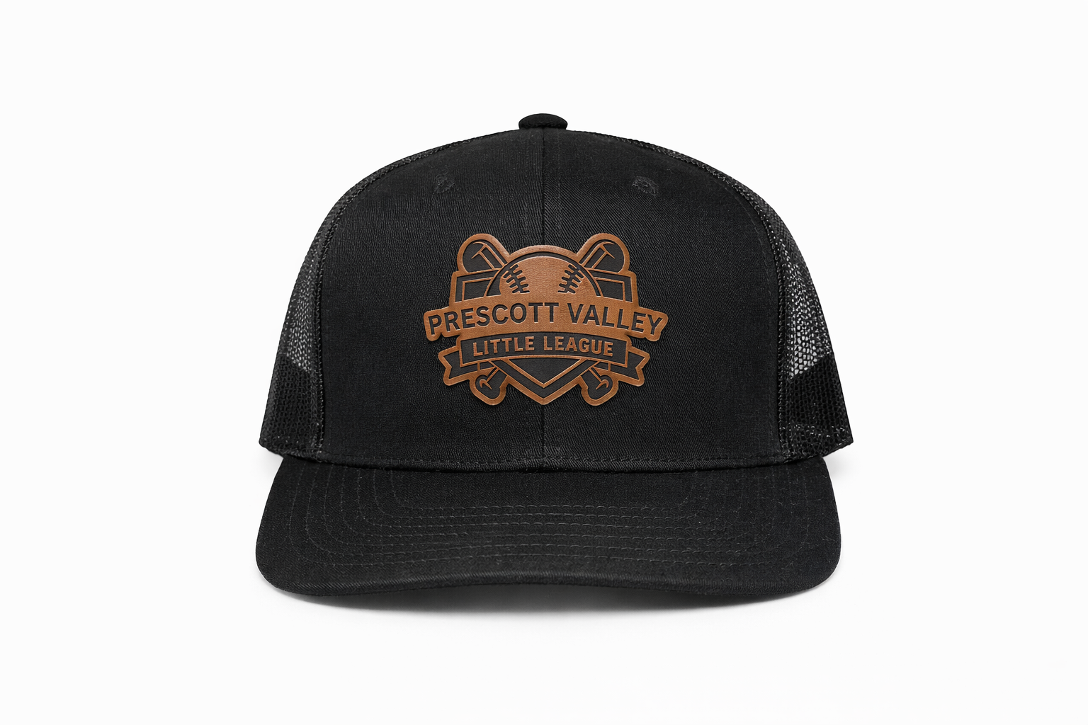 Black baseball cap with leather patch featuring 