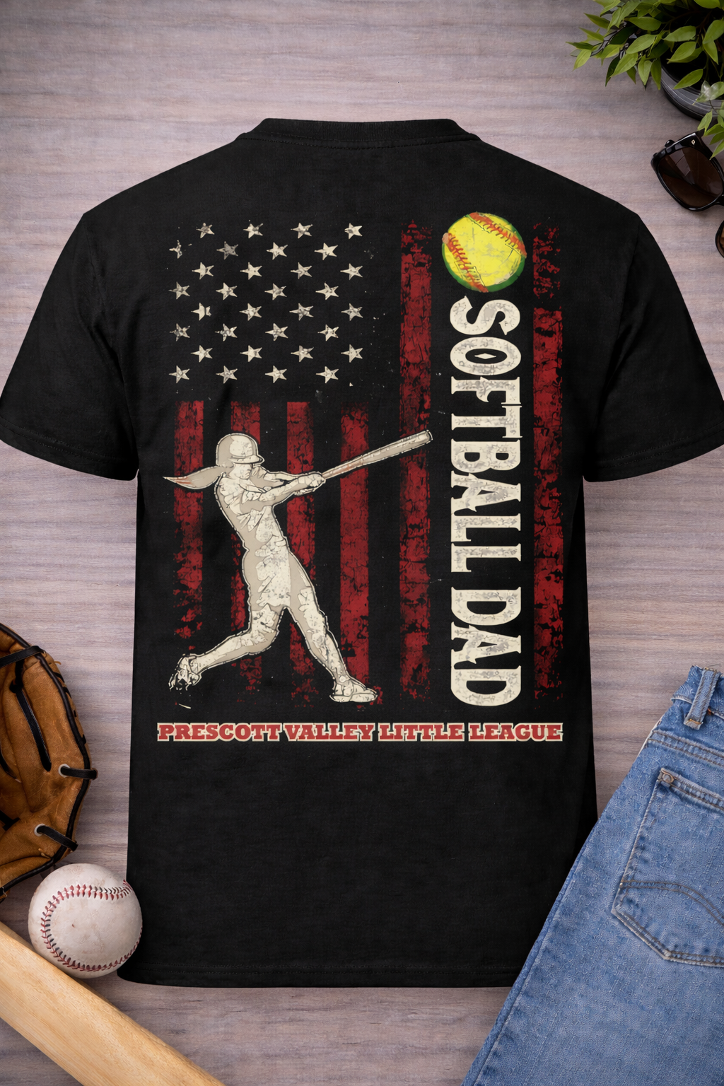 Black Softball Dad Flag T-Shirt back