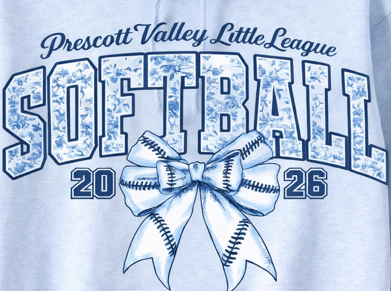 Prescott Valley Little League Softball 2026 design on light blue fabric.  Floral pattern in the 