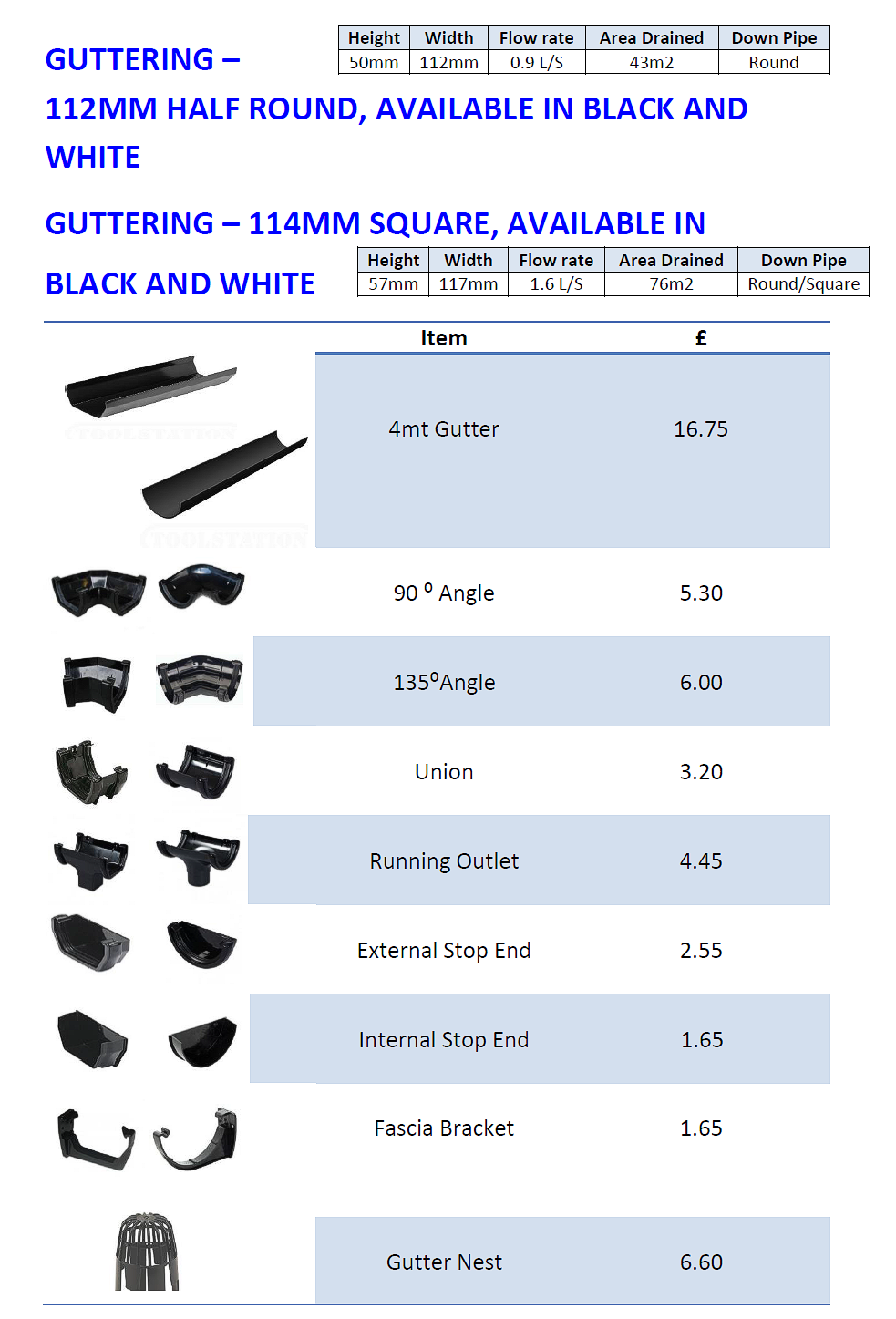 Guttering - 112mm Half Round, Available in Black and White
