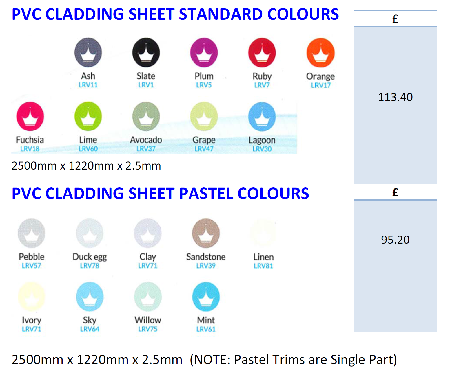 PVC Cladding Sheet Standard Colours