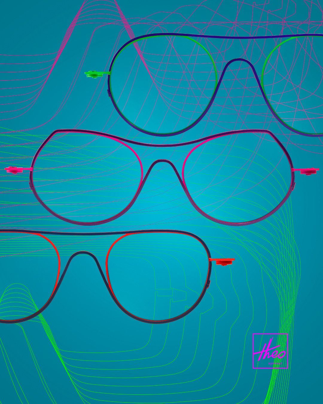 Artistiek Theo montuur met felle neonaccenten – uniek Belgisch ontwerp