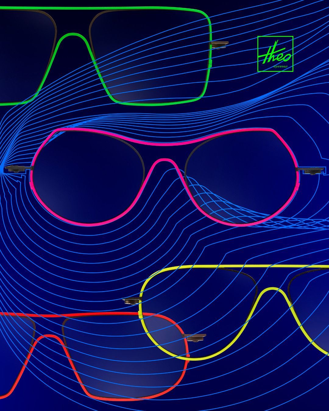 Theo bril met neonkleuren – modern design in opvallende tinten