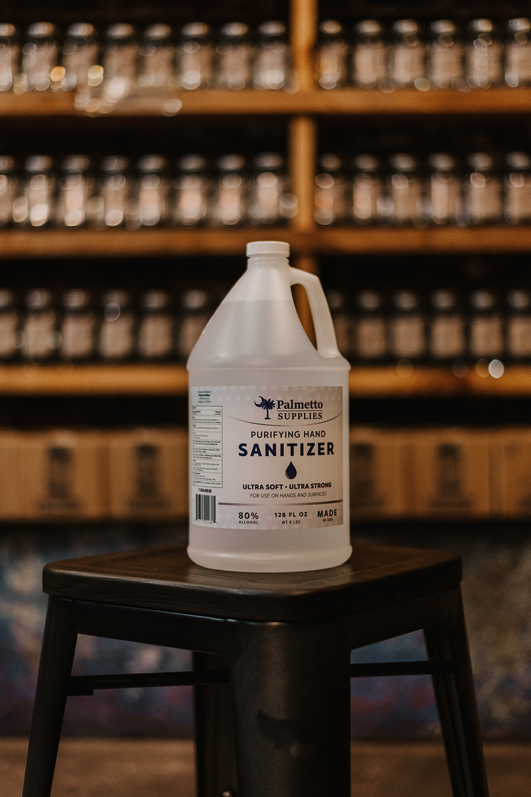 Gallon jug of Palmetto Supplies purifying sanitizer
