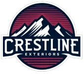 Logo for Crestline Exteriors: Mountain range graphic over company name. Dark blue and red hues.