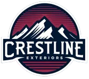 Logo for Crestline Exteriors: Mountain range graphic over company name. Dark blue and red hues.