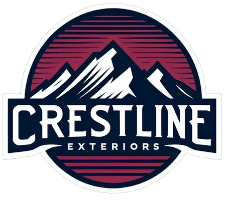 Logo for Crestline Exteriors: Mountain range graphic over company name. Dark blue and red hues.