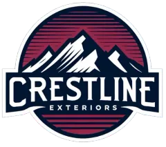 Logo for Crestline Exteriors: Mountain range graphic over company name. Dark blue and red hues.
