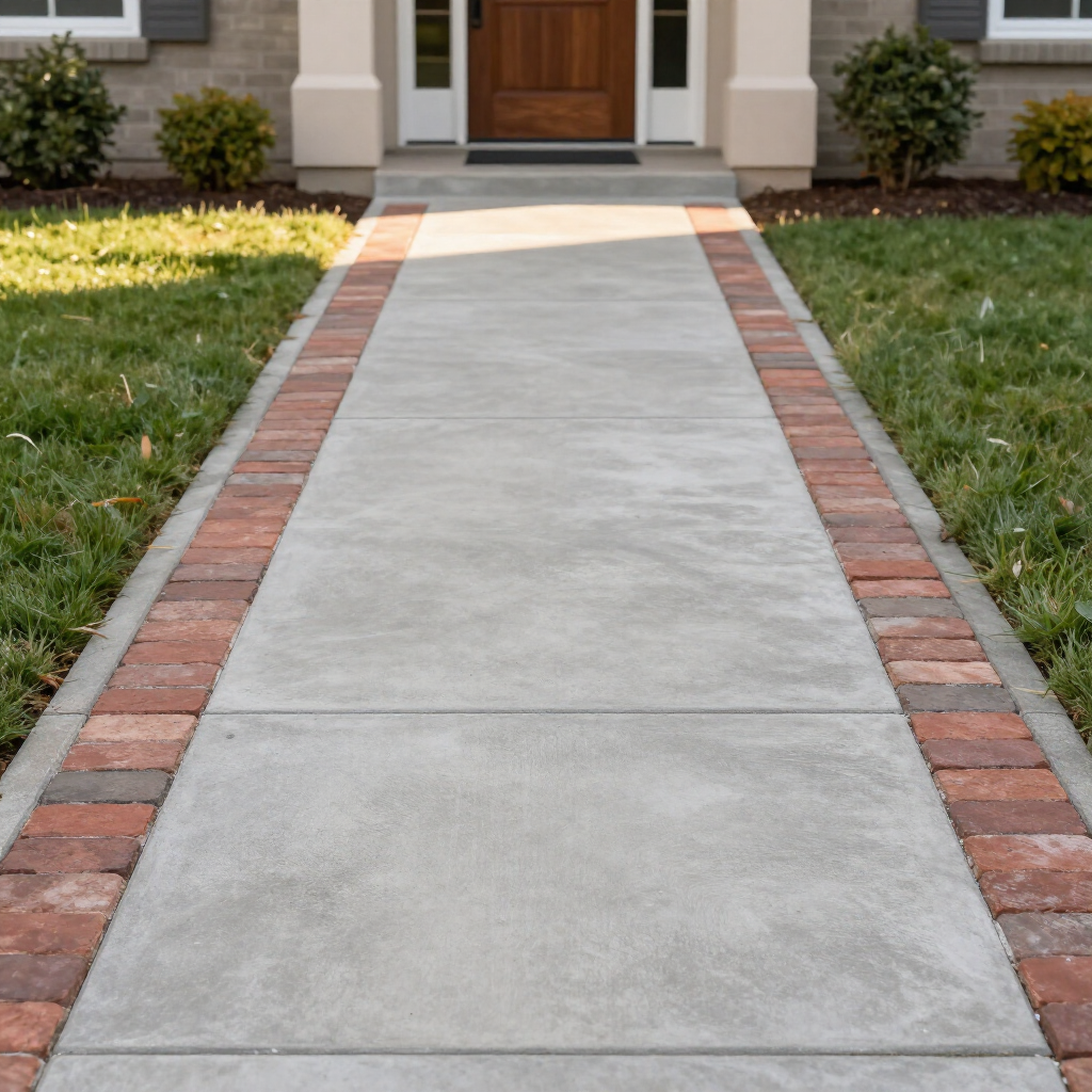 A concrete walkway leads to a front door, flanked by red brick borders, green grass, and small shrubs.
