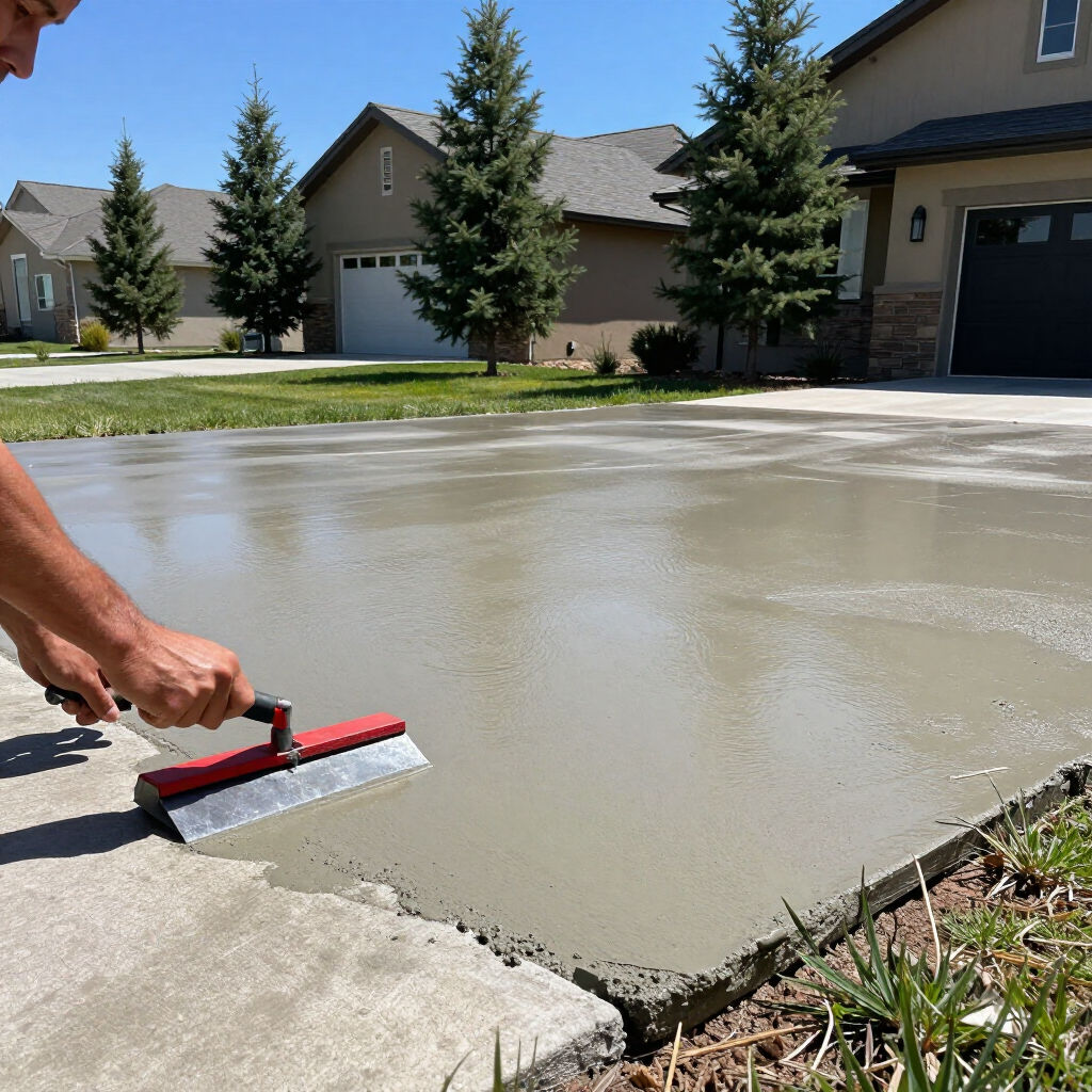A person uses a red-handled tool to smooth wet, grey concrete on a residential driveway on a sunny day.