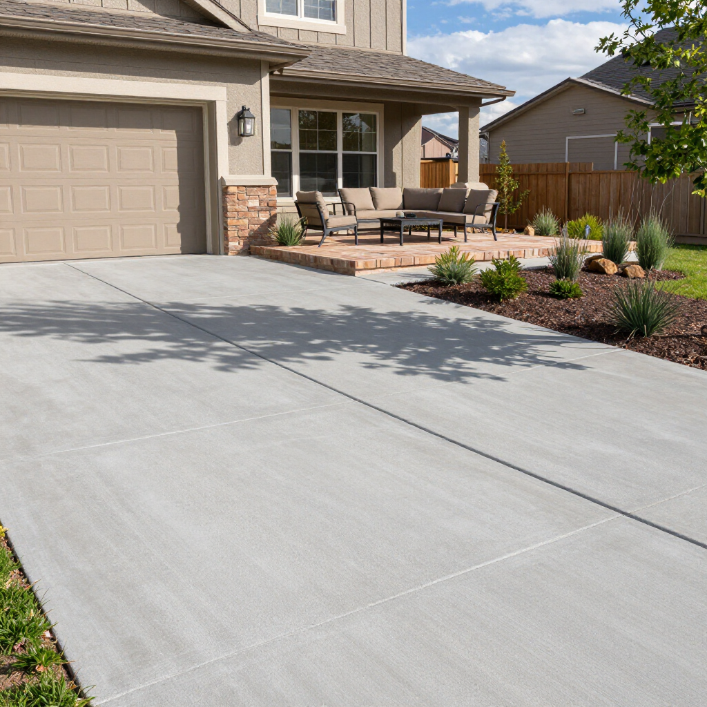 A tan house with a concrete driveway leading to a stone patio furnished with outdoor seating and a fire pit.