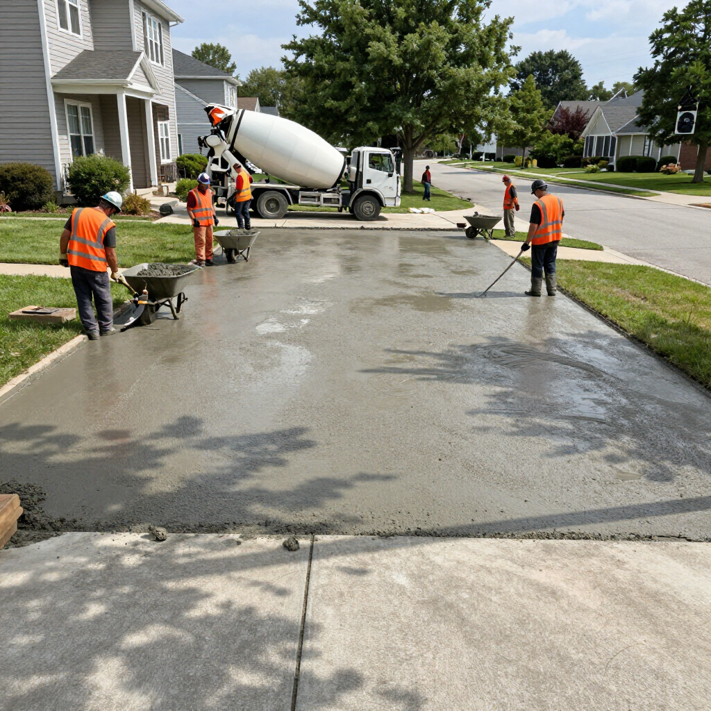 Construction workers in safety vests pour and smooth wet concrete for a new residential driveway.