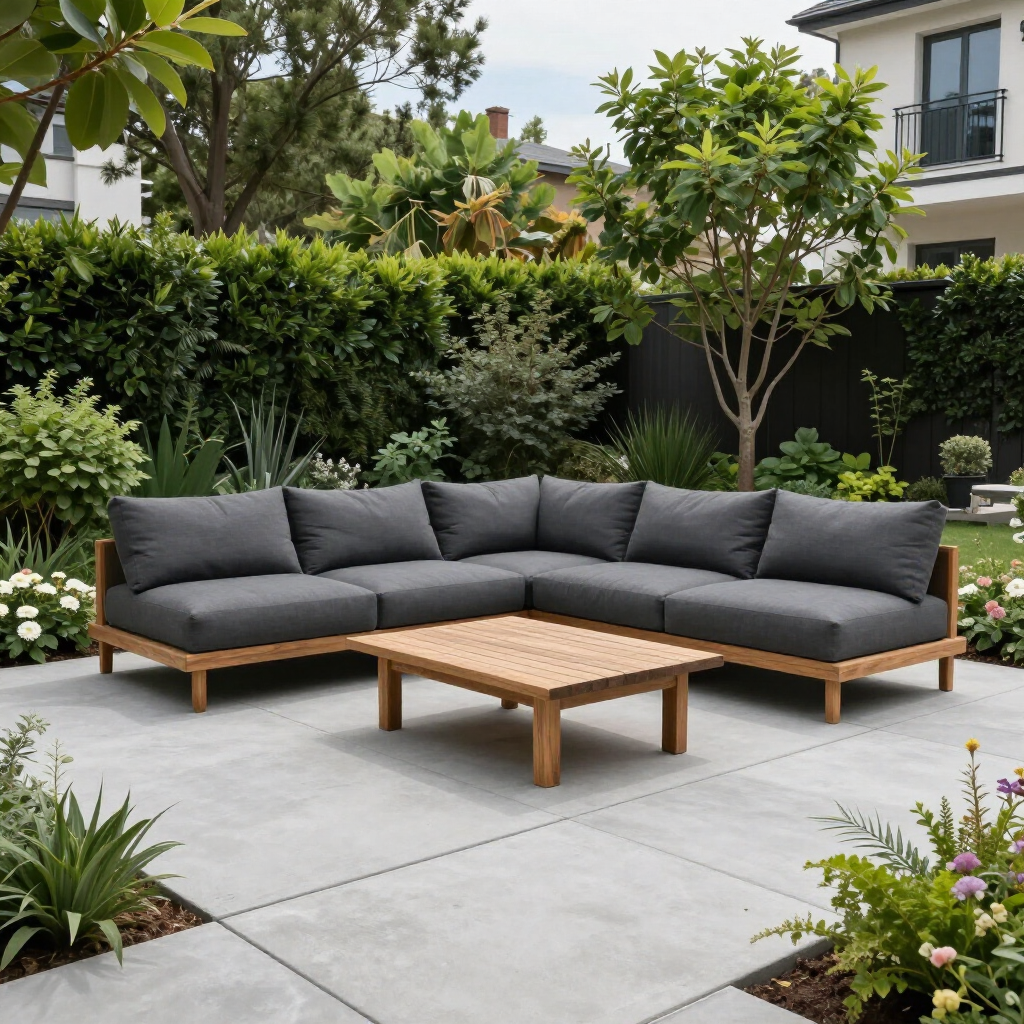 A grey L-shaped outdoor sofa and a wooden coffee table centered on a paved patio surrounded by lush green garden plants.