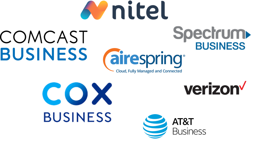 A collage of logos for comcast business , spectrum business , cox business , and at & t business