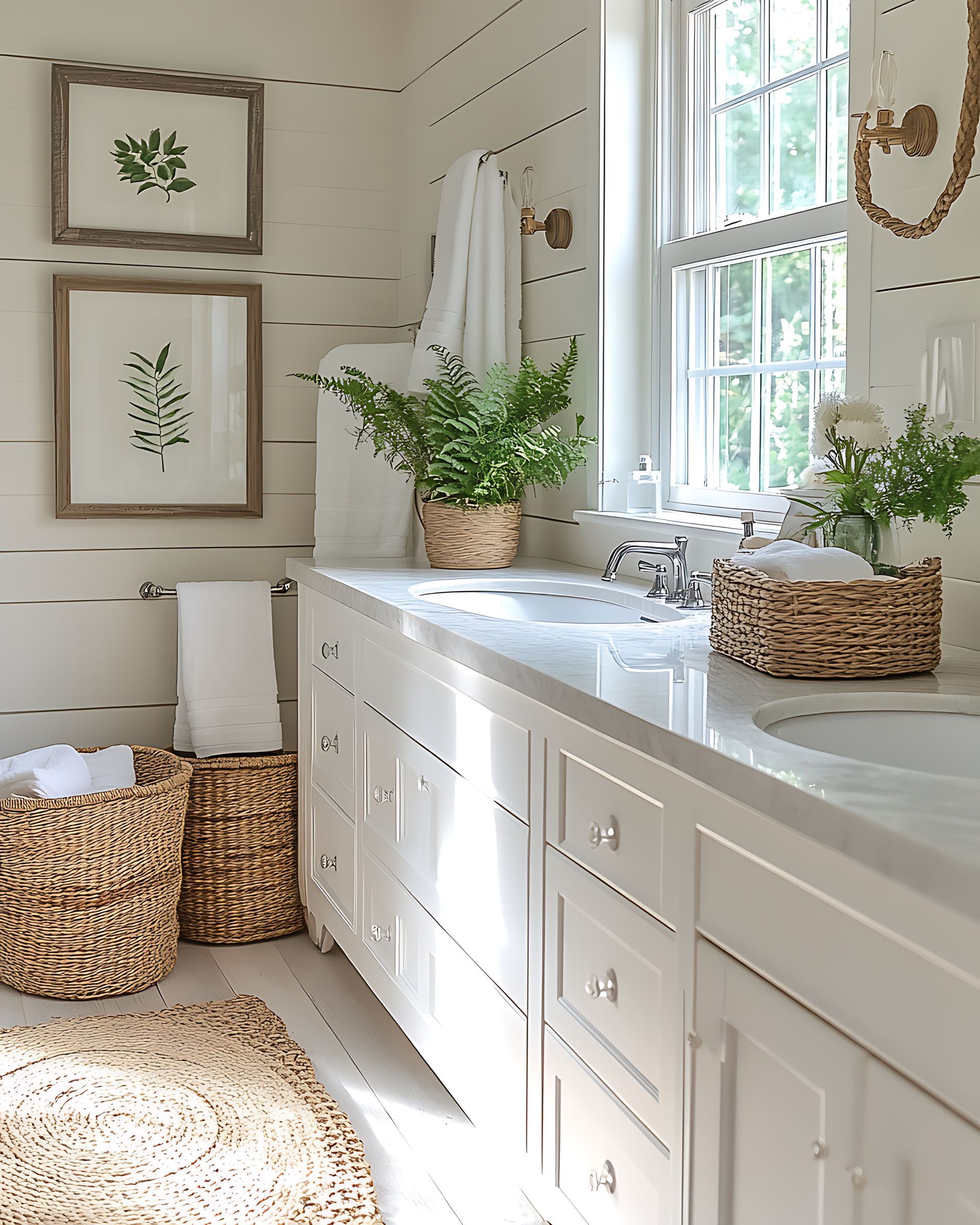 Bathroom with white cabinets, marble countertop, woven baskets, framed botanical prints, and bright window.