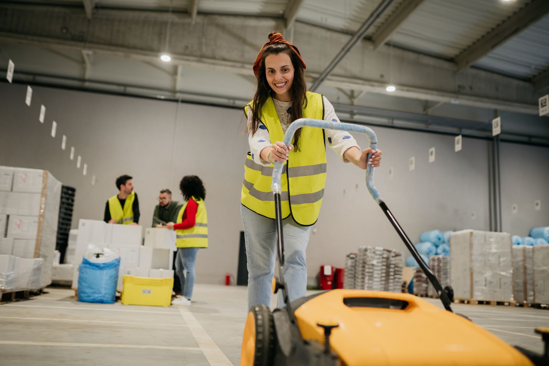 Mani con guanti blu che spruzzano disinfettante su un panno bianco.