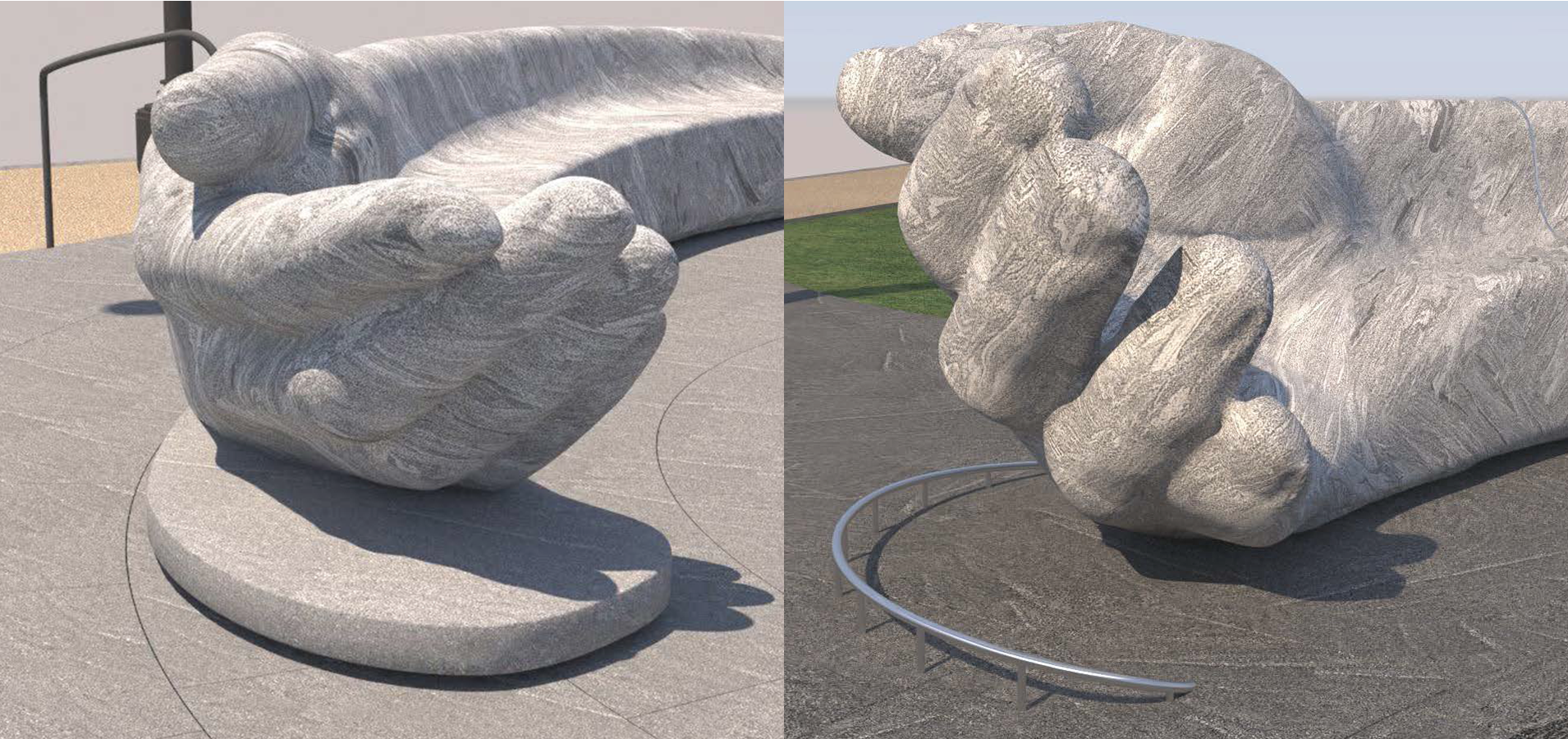 A side-by-side image featuring two early renderings of the cane-detection feature at the ends of the granite benches