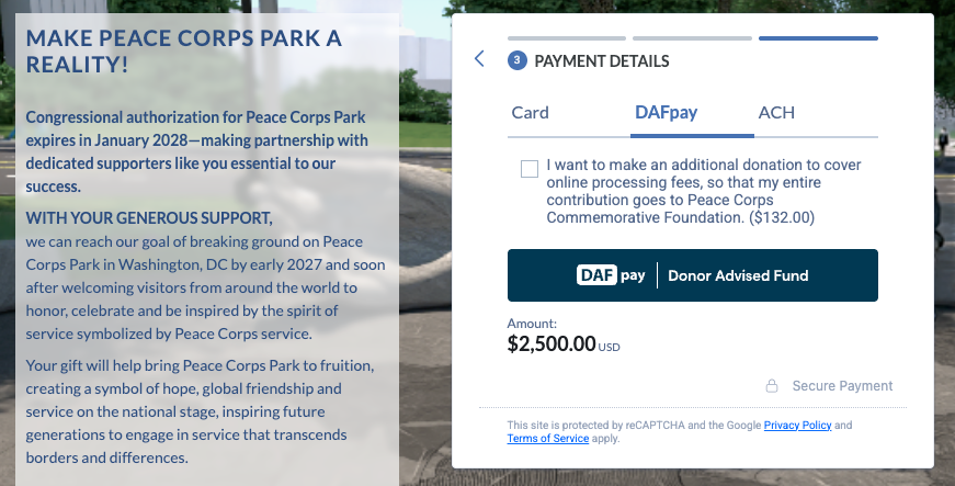 A screenshot of the Peace Corps Park donation page, with DAFpay as a payment option.