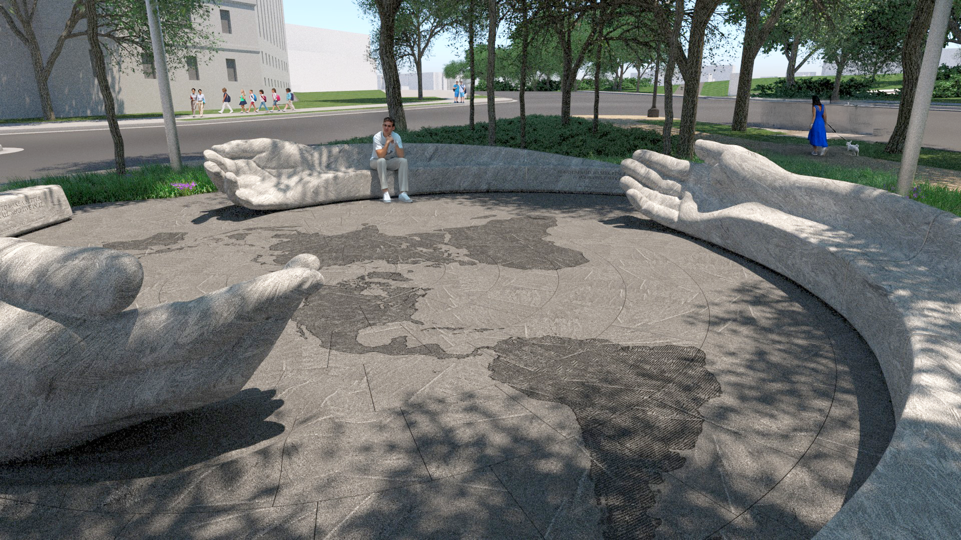 A digital rendering of Peace Corps Park in Washington, D.C. with the outline of the U.S. Capitol in the background