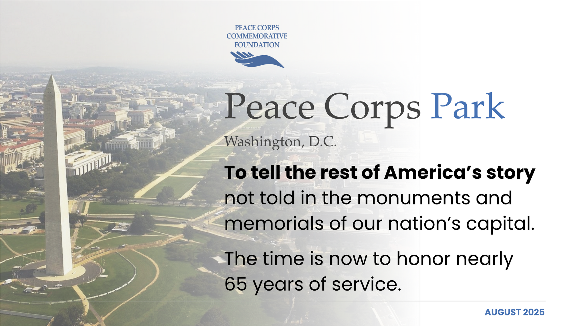 An image of the first slide in the Peace Corps Park slide presentation