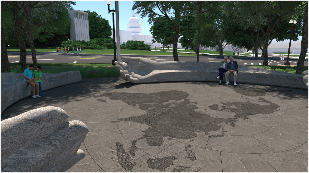 An updated rendering of Peace Corps Park showing the latest designs as of June 2025, with the U.S. Capitol building in the background.