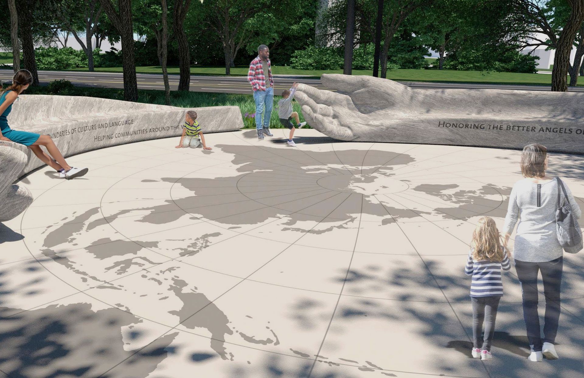 A rendering of Peace Corps Park's design shows how the Park will look once built, with renderings of visitors to the Park.