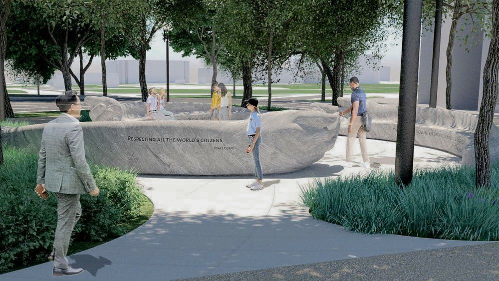 A rendering of Peace Corps Park's design shows how the Park will look once built, with renderings of visitors to the Park.