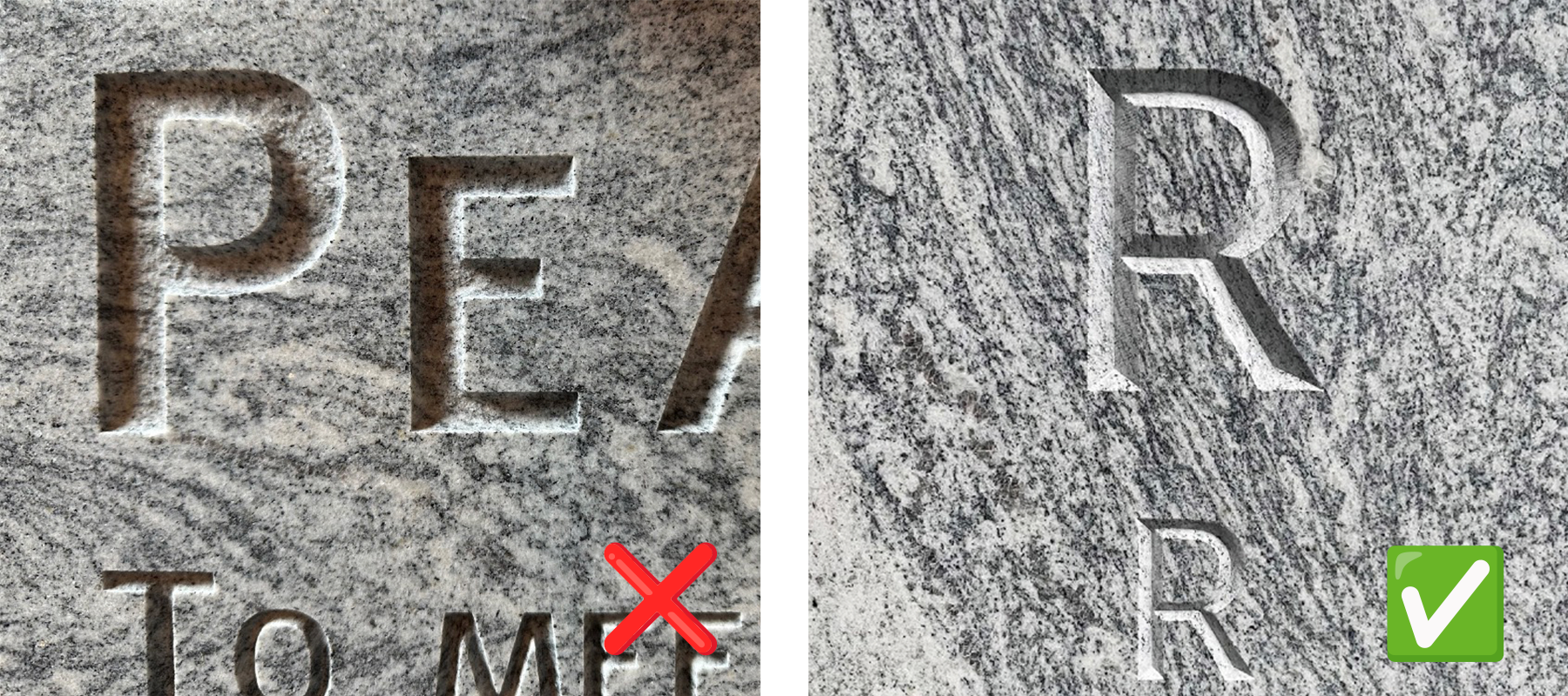 A composite image shows examples of two approaches to the inscriptions planned for Peace Corps Park: An automated sandblasting technique rejected by the design team (left) and an example of hand-carved lettering on the right.