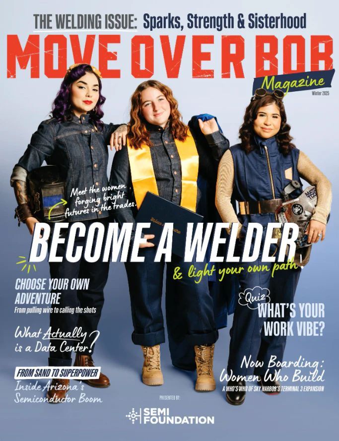 An image of the Winter 2025 cover of Move Over Bob magazine, featuring three women welders