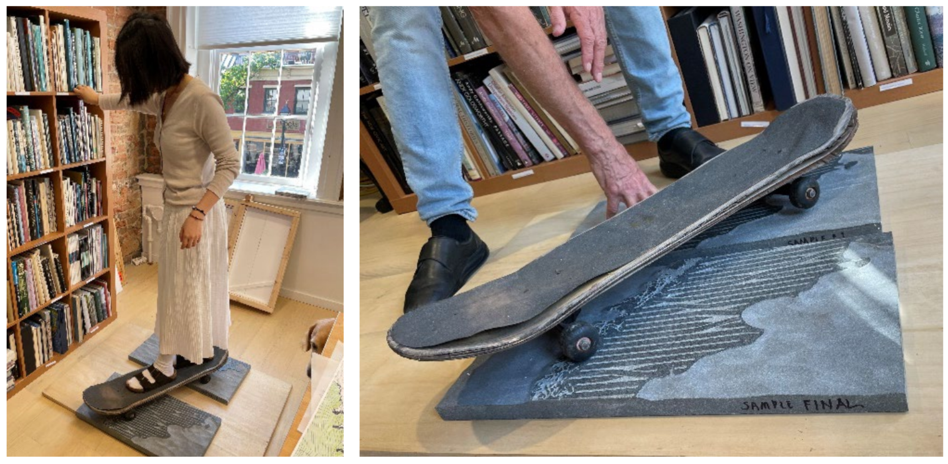 The Peace Corps Park design team tests textured paver samples with a skateboard
