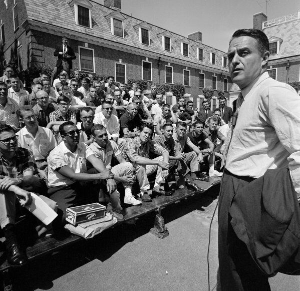 Founding Peace Corps Director Sargent Shriver addresses the first group of Peace Corps volunteers (Colombia I) at their training site at Rutgers University on June 25, 1961